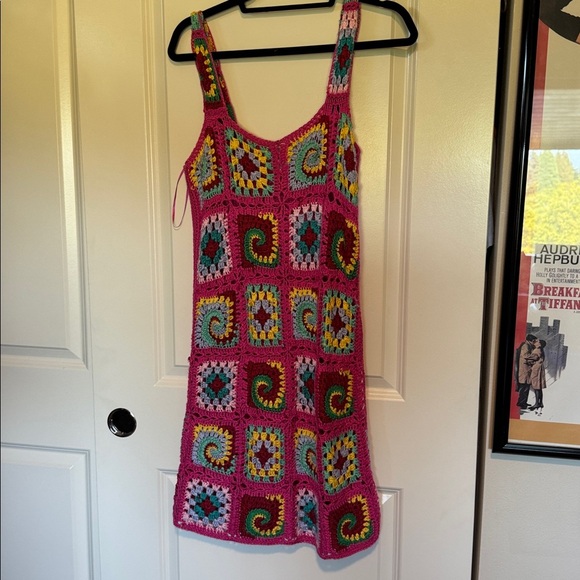 Cotton Emporium Patchwork Crochet Mini Dress Pink - Picture 3 of 9